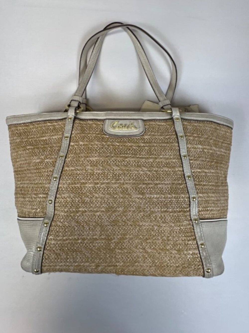 Coach Python Straw and Leather Tote Bag F21959 Floral Detail Summer Handbag